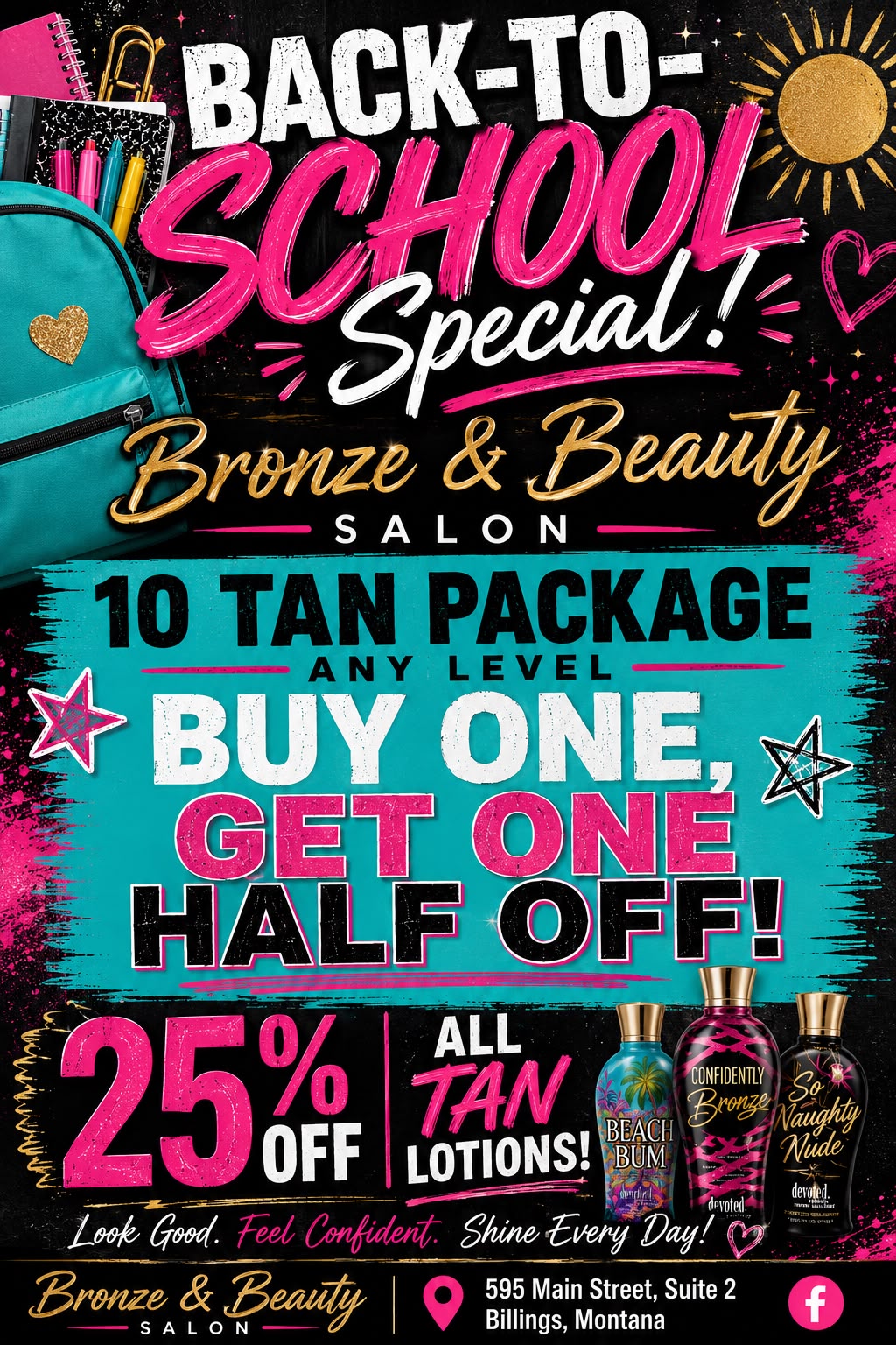 Back-to-school special flyer for tanning packages and tanning lotions